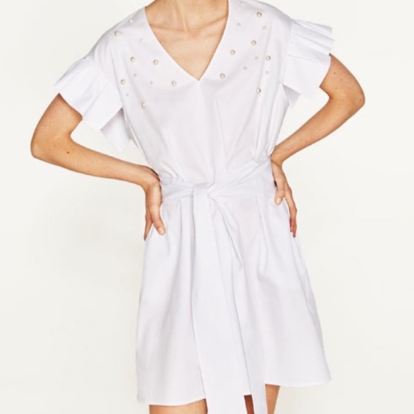 Zara Dresses & Skirts - Zara White belted frilled T-shirt Dress with Pearls NWT size medium